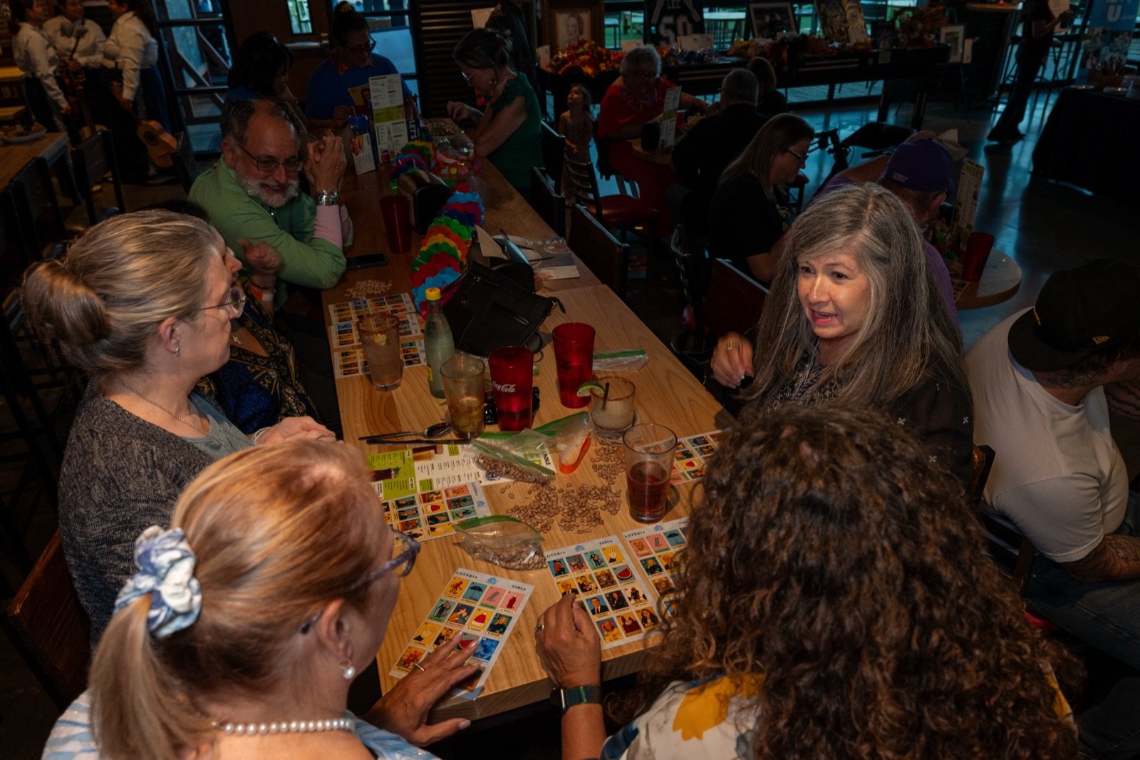 Tables mid-game with tablas and beans spread out